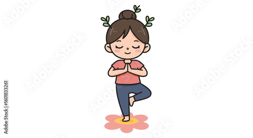 A cute cartoon girl gracefully performing the tree pose in yoga, with her eyes closed and hands pressed together.