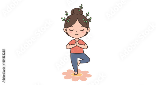 A cute cartoon illustration of a young woman in a yoga pose, with her eyes closed and hands pressed together, standing on one leg with a serene expression.