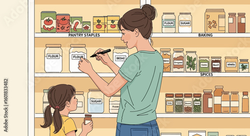 Mother and daughter organizing pantry staples with labels for easy access and meal planning at home