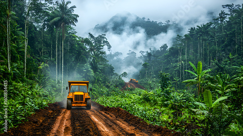 Jungle road construction with towering trees