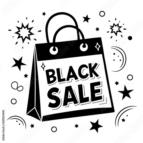 Exciting Black Sale shopping bag with festive stars and bursts announces amazing deals and discounts for shoppers.