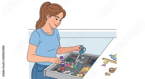Creative woman organizing her craft supplies drawer at home, enjoying her artistic hobby