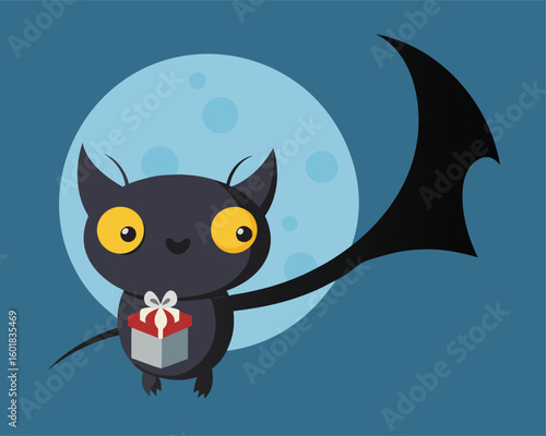 Vector art of a cute cartoon bat holding a gift flies in front of a large moon