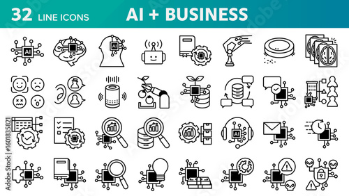 A collection of 32 icons themed around AI technology used in business.