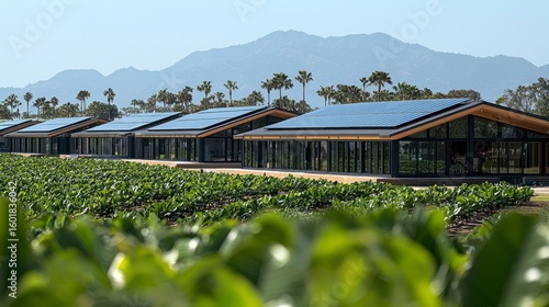 Rows of buildings in a vineyard setting