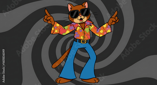 A groovy cartoon cat in sunglasses, a floral shirt, and bell-bottoms strikes a disco dance pose.