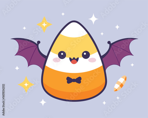 Vector art of a cute candy corn character with bat wings and a bow tie surrounded by stars