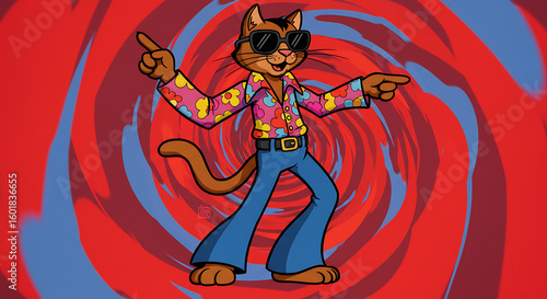 A cool cartoon cat in 70s disco attire dances against a psychedelic swirl background.