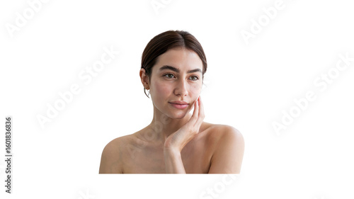 Serene Young Woman with Clear Skin, Touching Face, Portrait