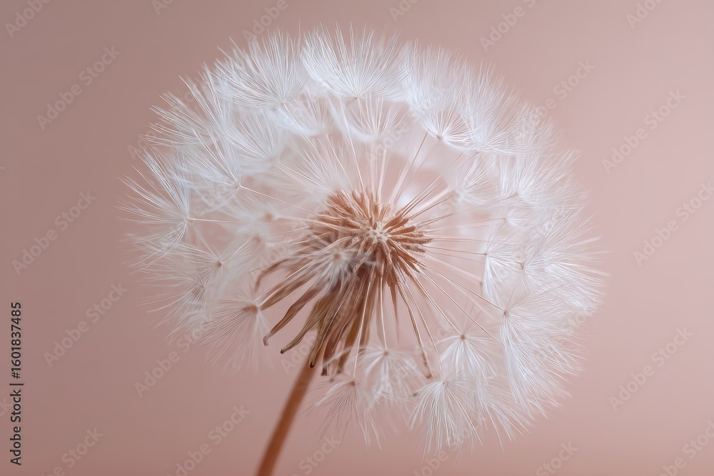Fototapeta premium Fluffy white dandelion against soft beige pink backdrop