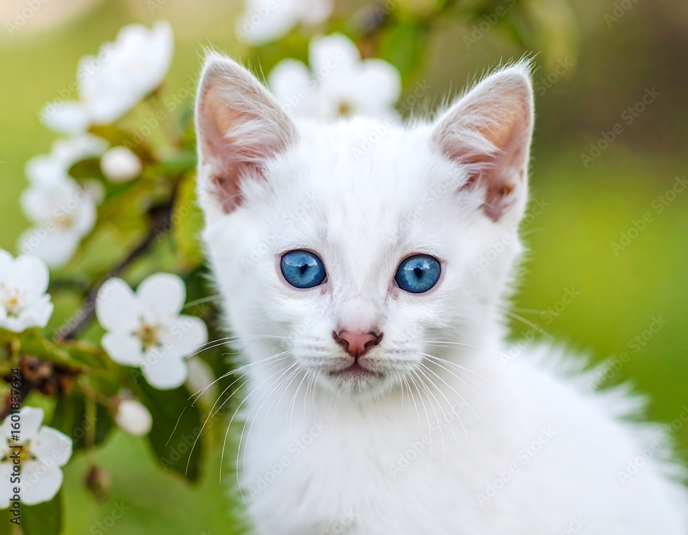 Adorable white kitten amidst spring blossoms Adorable white kitten amidst spring blossoms