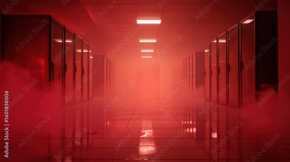 Fototapeta premium Minimal Server Room Scene – Red Alert and Emergency Fog