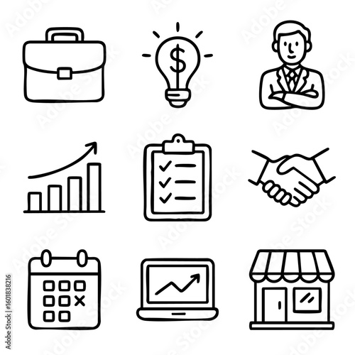 A set of doodle line icons depicting business planning, entrepreneurship, meetings, growth, strategy, schedules, ideas, and small business success