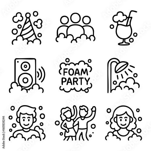 A set of doodle line icons featuring foam party elements like dancing, drinks, bubbles, music, shower foam, guests, and celebration vibes