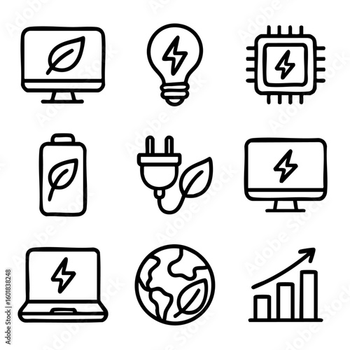 A set of doodle line icons showing eco-friendly technology, green energy, sustainable power, efficient devices, and environmental growth trends