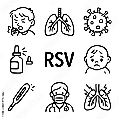 A set of doodle line icons representing RSV symptoms, lung infection, coughing, fever, virus, nasal spray, infants, and medical treatment