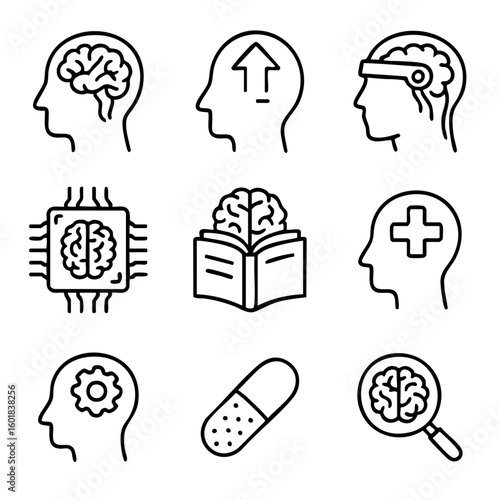 A set of doodle line icons representing brain function, mental health, learning, cognitive enhancement, neuroscience, and human intelligence