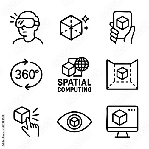 A set of doodle line icons illustrating spatial computing concepts including 3D interaction, VR, AR, 360 environments, gesture control, and digital modeling