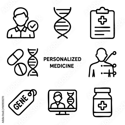 A set of doodle line icons illustrating personalized medicine, genetic therapy, DNA testing, targeted treatment, and patient-specific healthcare solutions