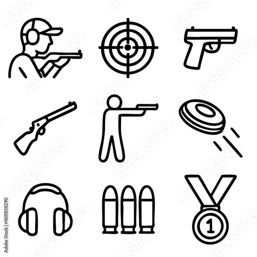 A set of doodle line icons illustrating sport shooting, target practice, firearms, bullets, ear protection, clay discs, and competition medals