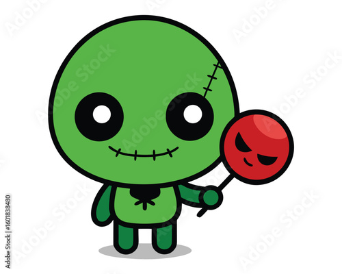 Vector art of a cute green voodoo doll holding a red lollipop with an evil face isolated on white background