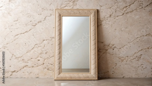 Wallpaper Mural Beige Rectangular Mirror Leaning on Pale Wall with Textured Stone in Minimal Interior Style.

 Torontodigital.ca
