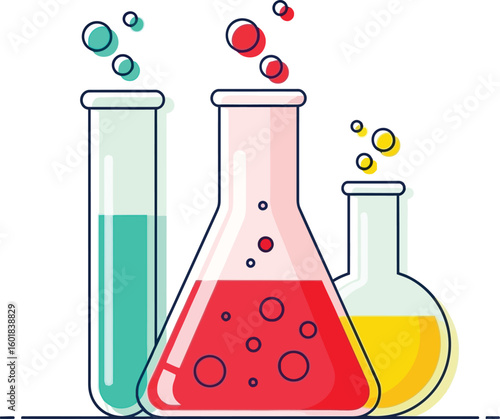 Laboratory flasks with colorful bubbling liquids and gas bubbles, scientific experiment concept