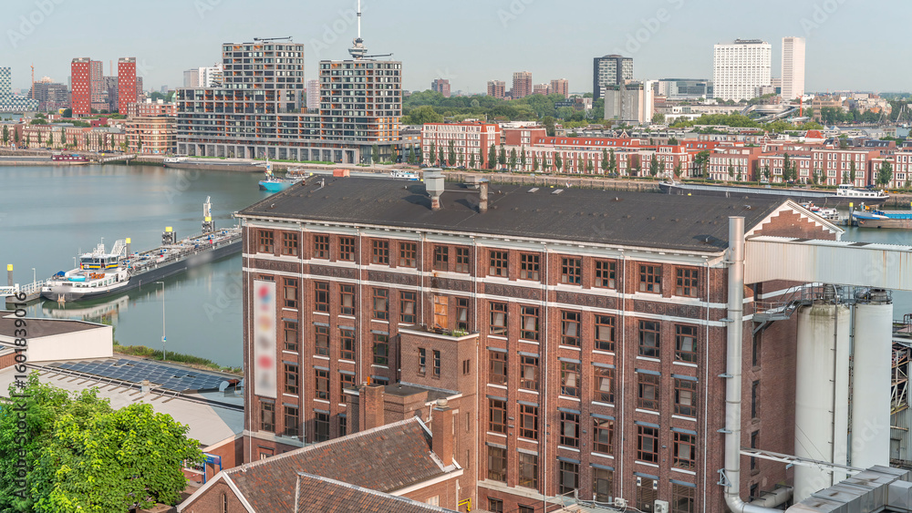 Fototapeta premium Aerial timelapse view over Maashaven with Katendrecht and Maas River. Netherlands