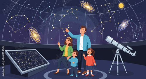 Family exploring the cosmos together at planetarium show with telescope and constellations