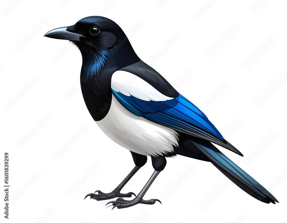 Obraz premium Black magpie in profile view standing calmly – minimal vector-style illustration on white background