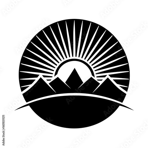 Silhouette logo sun rising over mountains in circle sunrise peak
