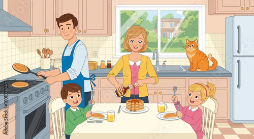 Cartoon family enjoying homemade pancake breakfast in sunny kitchen with pet cat watching