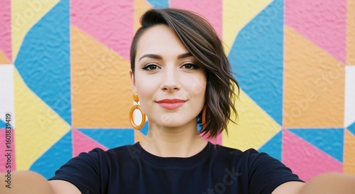 Woman Posing in Front of Colorful Geometric Mural