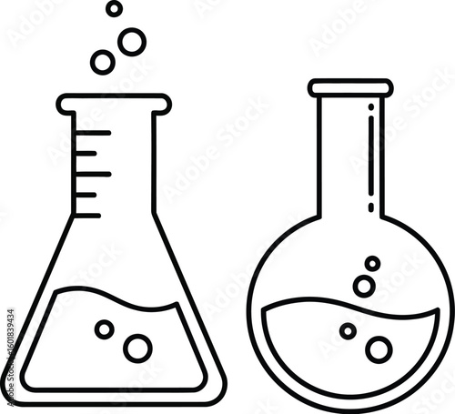 Two stylized laboratory flasks with bubbling liquid and measurement markings, representing chemistry and science experiments