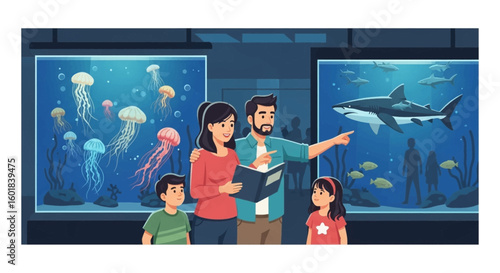 Family exploring an aquarium together, marveling at sharks and jellyfish in vibrant water tanks