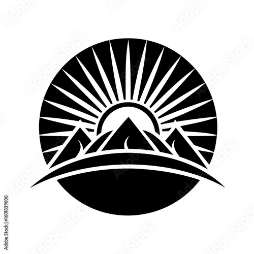 Silhouette sun rising over mountains in a circle logo sunrise peak