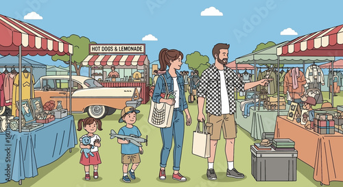 Family enjoying a sunny day at a vintage market, exploring and shopping together