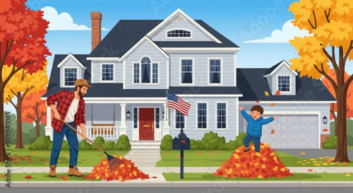 Father and son enjoying autumn leaf cleanup in front of beautiful house, family fun time