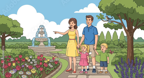 Happy family enjoying a stroll in a beautiful garden with fountain and flowers on a sunny day