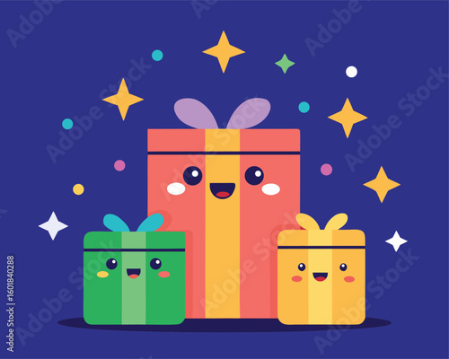 Vector art of three cute cartoon gift boxes with happy faces and colorful stars and confetti on a dark blue background