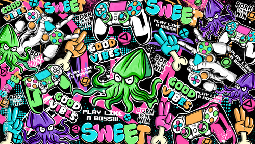 Graffiti gaming background vector illustration. Colorful Retro game elements ...