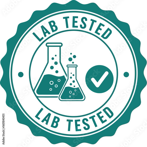 Verified lab tested seal with flasks and checkmark for quality assurance and scientific research