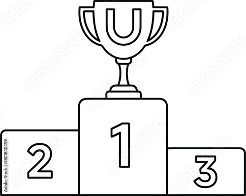 Winner's podium with trophy for first place award and numbered stands for competition