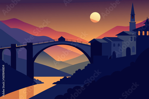 bridge over the river at sunset
