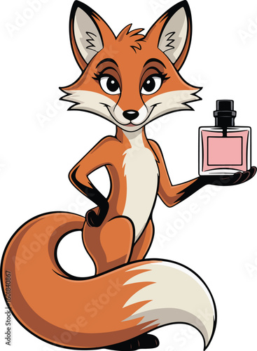 A fox cartoon character holding a perfume bottle, advertising a new scent with an elegant gesture Transparent png vector