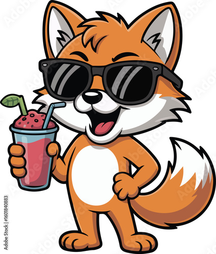 A cool cartoon fox enjoying a refreshing drink Transparent png vector