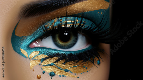 Autumnal Glow Hot Fiery Eye Makeup Art, Cosmic Turquoise And Gold Vibrant Eye Fantasy eye shadow design of 2025.
