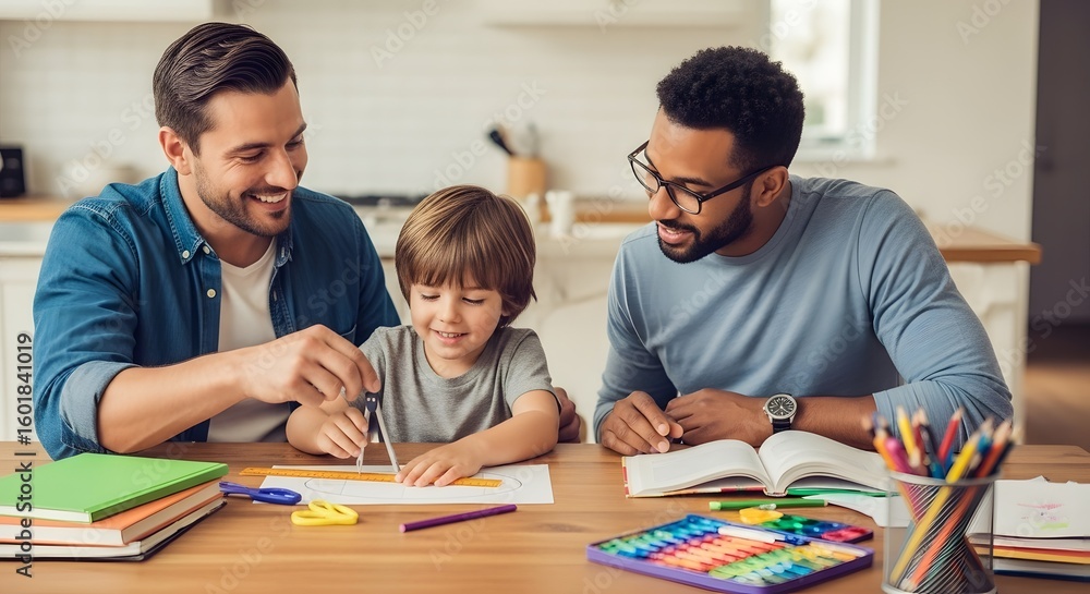 Two fathers helping son with homework drawing circle at home learning education parental support father's day Two fathers helping son with homework drawing circle at home learning education parental support father's day