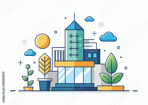 Modern Urban Business Center Illustration with Green Plants and Sustainable Growth Concept on White