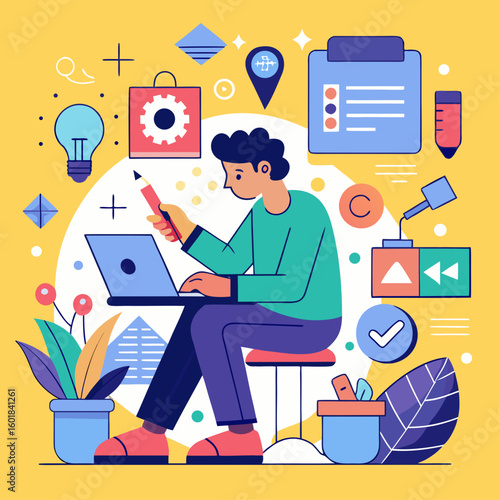 Conceptual illustration of the content creation process with a designer working on a laptop